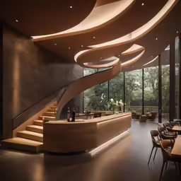the lobby is large and has a winding staircase