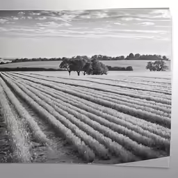a black and white photo of several rows of plants in a field