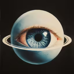 the eye is sitting in a bowl next to saturn
