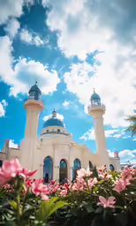 this is a white building with many blue domes
