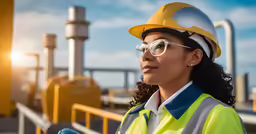 a woman wearing safety gear and hard hat standing in front of pipes