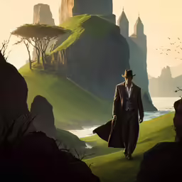 a man in a coat and tie is walking by a body of water