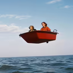 two women ride in a boat, over the ocean