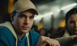 a man in a cap and woman sitting together