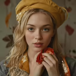 woman with long blonde hair in yellow turban holding piece of fabric