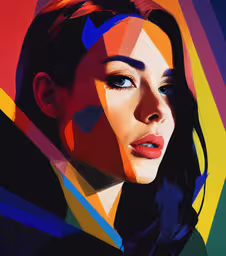 a woman in blue eyes with multi - colored lines behind her,woman portrait created using bright triangles to look like face