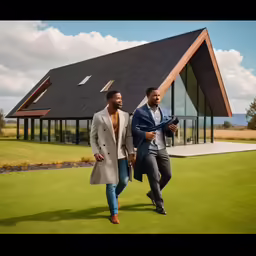 two people in suits run through the grass near a house