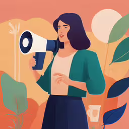woman talking into a bullhorn shaped object while holding a plant in front of her,a woman with a megaphone is standing by a plant