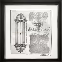 an ink drawing with a tree and two pillars