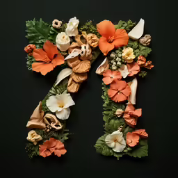 a floral letter made from flowers, foliage and wood