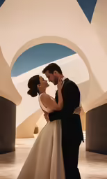 the bride and groom share an intimate moment at the entrance to the desert museum