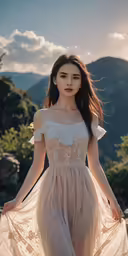 young girl in long dress walking by a mountain