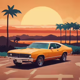 an illustration of a bright yellow car parked on a parking lot in front of palm trees,a large orange and white car parked on the street