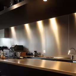 kitchen with stainless steel countertops and lighting on walls