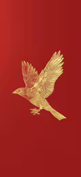 a bird with outstretched wings is in flight,golden drawing of bird flying on red background