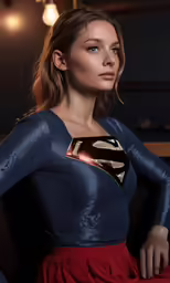 a woman with a shiny superman cape on her chest