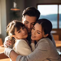 a mother and daughter hug each other as they sit at the table
