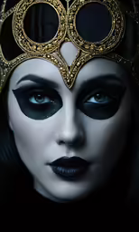 a woman wearing an elaborate golden mask and makeup