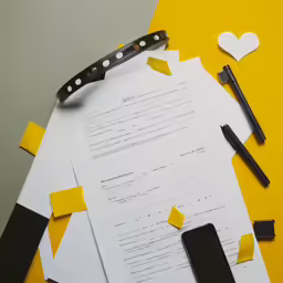 an office desk with some paper and a phone