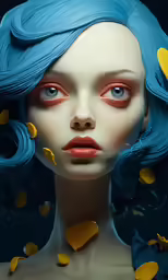 a white head with blue hair and red eyes