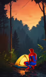 man siting next to tent on river bank,spider - man sitting on the ground next to a tent with his face in it