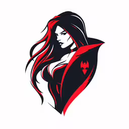 the devil girl in a red cape and black dress,a woman in a hooded cloak with the star wars symbol on her chest