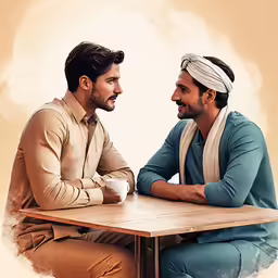 two men sitting at a table facing each other