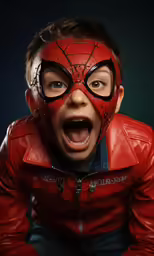 a young child wearing a red costume and mask