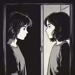 girl looking out a door in a doorway at another girl