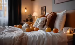 two people who are laying on a bed with fruit