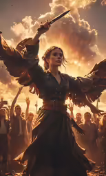 woman with sword in large crowded area as she lifts arm up in celebration