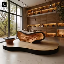a contemporary looking room features a wooden bench, shelving and a potted plant
