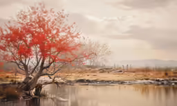 a tree on the side of a water covered river