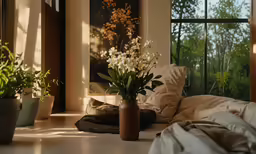 plants in a brown pot sitting next to a window
