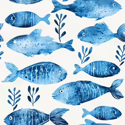 watercolor drawing of blue fishes and plants