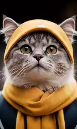 a cat with yellow clothing and a hat on