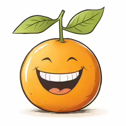 an orange smiling and holding a leaf on its head