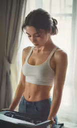 woman in a crop top and jeans working on a typewriter
