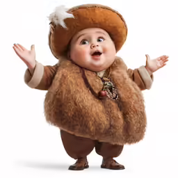 a small baby with a large, brown hat and brown fur coat