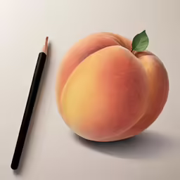 the pencil drawing depicts a peach and a single green leaf on the side