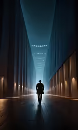 the man is walking up the street in the dark