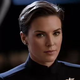 a beautiful young woman in military clothes looking directly into the camera