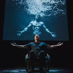 man sitting in a wheelchair in front of a large screen