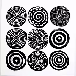 four circles on a white background one is drawn by a drawing teacher,a print with a spiral pattern is shown