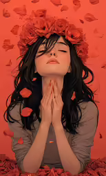 a girl sitting on the ground surrounded by petals