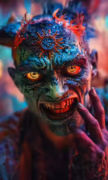 a man with dark skin and tattoos on his face holding a finger