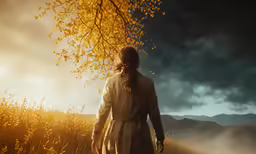 a woman is walking through a field towards a tree