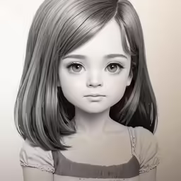 a realistic, black and white drawing of a girl with short hair