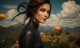 woman with flying balloons in the air above her