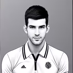 a man in a shirt standing in front of a black and white photo